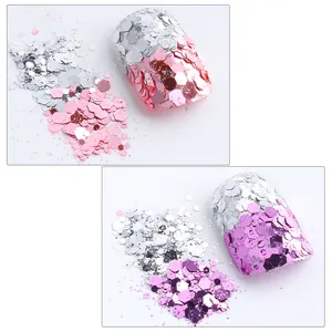 Paillettes à ongles hexagonales irisées argent rose et violet pour design dégradé chic