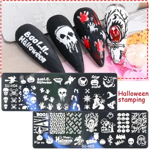 Piastre per stamping nail art Halloween con motivi di teschi e zucche in acciaio inox