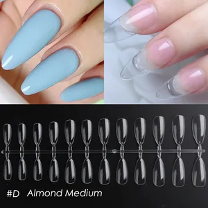 Medium almond-shaped blue and clear press-on nail set with numbered sizes for manicure