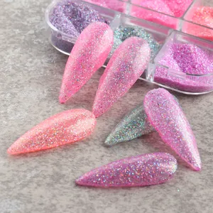 6-grid box of mixed color glitter powder for nail art with stiletto nails display