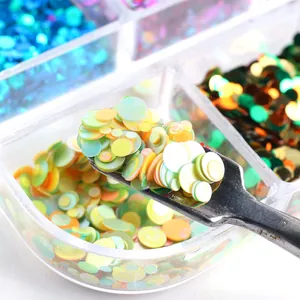 Macro di paillettes colorate per unghie in una scatola trasparente a 6 scomparti