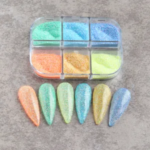 Detailed view of six-color nail glitter powder set with matching long nail tips display
