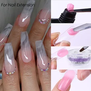 Detail showing nail extension gel application with brush and clear coffin shape tips
