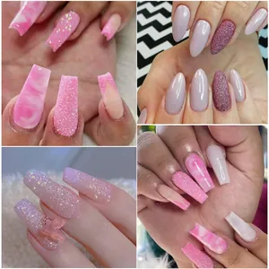 Detailansicht von vier Nailart-Stilen mit rosa Marmor und lila Glitzer-Farbverläufen