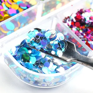 Dettaglio macro di paillettes laser iridescenti per unghie in una scatola a 6 griglie