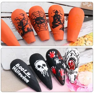 Detail of Halloween nail stamping plates with pumpkin, skull, and spider web patterns