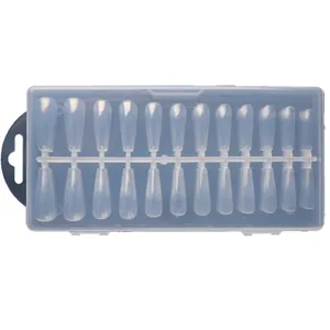 Set of 240 clear coffin-shaped fake nail tips in a transparent storage box