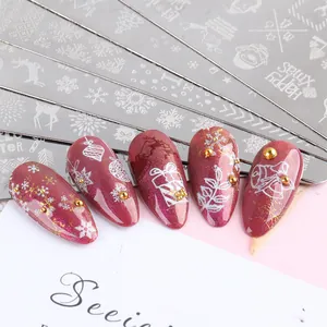 Detail showing Christmas nail art stamping plates with snowflakes and reindeer patterns