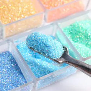 Macro shot of 6-grid nail glitter set with colorful sugar powder and metal spatula tool