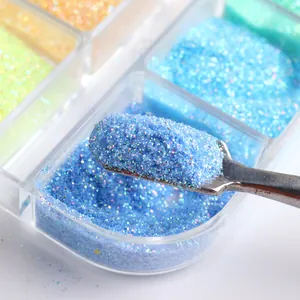 Macro view of blue glitter powder on a metal spoon with 6-grid nail art kit