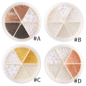 Mixed floral nail charms and metal beads set in four 6-grid transparent organizers