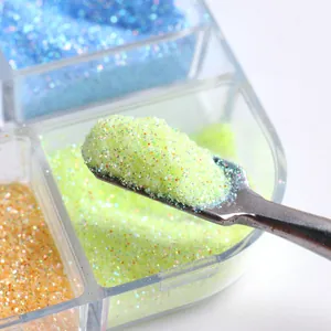 Macro shot of colorful nail sugar powder in a 6-grid box with a silver metal spatula