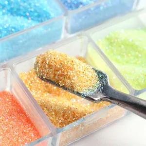 Macro shot of iridescent nail art sugar powder and glitter flakes in six-grid storage case