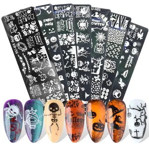 Halloween Nail Stamping Plates Stainless Steel Pumpkin Skeleton Ghost Witch Bat Patterns DIY Nail Art Decoration Tools