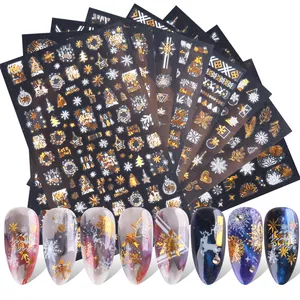 3D Christmas Nail Art Stickers Laser Gold White Snowflakes Elk Reindeer Design Self Adhesive Decals Winter Holiday Manicure Decoration Women