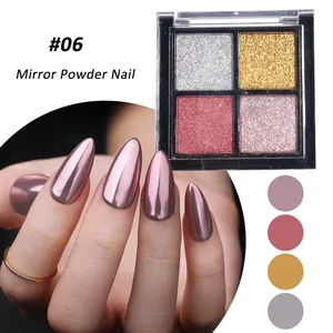 Close-up of 4-color solid mirror nail powder palette with metallic chrome finish effect