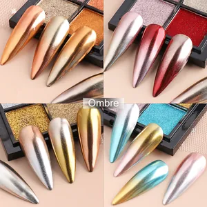 Macro view of 4-color solid chrome nail powder palette with metallic mirror finish
