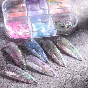 Makroansicht von Aurora irisierenden Opal-Nagelglitzerflocken in einer 6-Gitter-Box