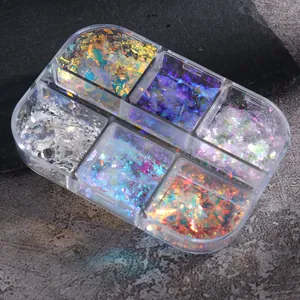 Set de 6 rejillas de purpurina aurora para uñas con escamas brillantes y polvo de cromo