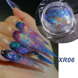 Aurora opal nail sequins set XR06 with iridescent glitter effect on manicured nails