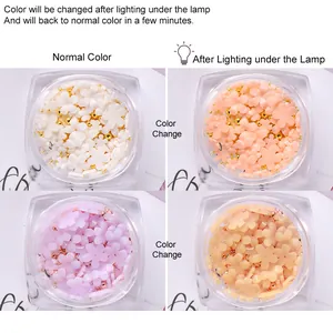 Detail showing UV light reactive color-changing resin flower nail art charms in square jars