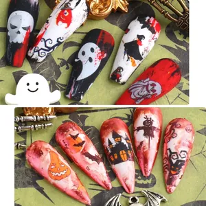 Faux ongles Halloween avec motifs de citrouilles, fantômes et crânes aux couleurs vives