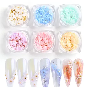 6-color set of floral nail art charms with colorful gradient petals and metallic beads