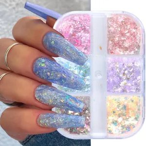 6 Fächer Aurora Opal Nagel Puder Irisierend Unregelmäßige Pailletten PET Scherben Nagelkunst Dekoration Für DIY Maniküre Damen Schmuck