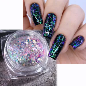 Macro detail of iridescent opal nail flakes with multi-color laser shimmer effect