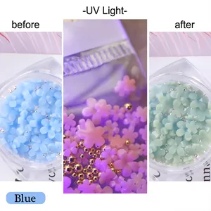 Comparison showing UV light color change effect on blue resin nail flower charms