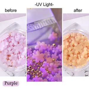 Macro detail of UV light color changing purple flower nail art charms before and after effect