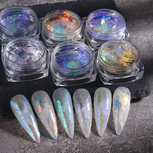 6-color set of iridescent aurora nail sequins with sparkling opal glass effect on tips