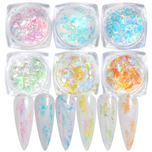6-color set of iridescent nail glitters with opal aurora flakes and stiletto display tips