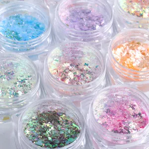 Iridescent aurora nail glitter sequins set with holographic laser glass paper flakes