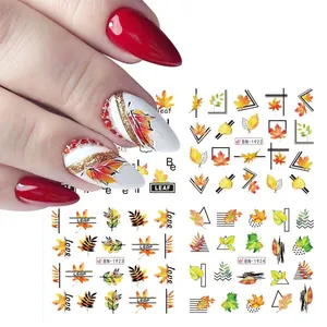 Autumn maple leaf nail water slide decals with squirrel and mushroom designs for manicure