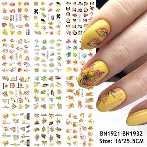 Detailed sheet of autumn maple leaf nail water transfer stickers and hand application view