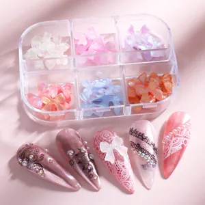 3D aurora resin bow nail charms in a six-grid box with diverse manicure art examples