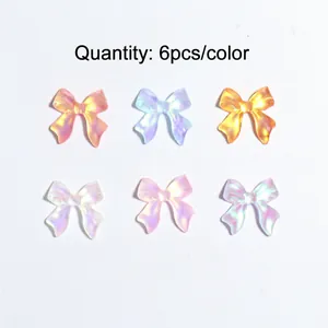 Iridescent resin bow nail art charms in mixed vibrant colors, pack of 6 pieces per color
