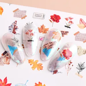 Almond maple leaf and floral water transfer nail stickers with aurora glitter effect