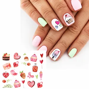 Waterproof nail art stickers with watercolor hearts, cupcakes, and XOXO designs