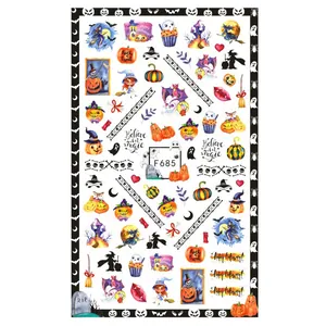 Αυτοκόλλητα νυχιών Halloween με κολοκύθες, μάγισσες και φαντάσματα σε στυλ ακουαρέλας