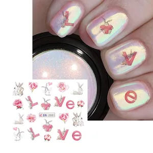 Holographic rabbit and LOVE watercolor nail stickers for Valentines Day design