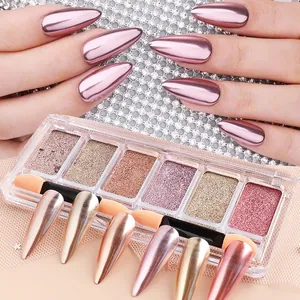 6 Colors Solid Mirror Nail Powder Palette Metallic Chrome Laser Glitter With Sponge Stick Manicure Nail Art Tool