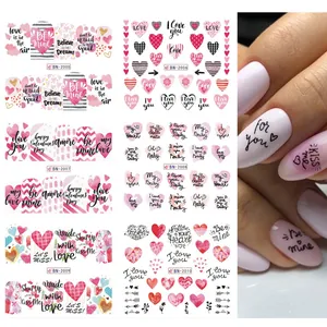 6-sheet set of Valentine's Day nail water decals with hearts and romantic typography