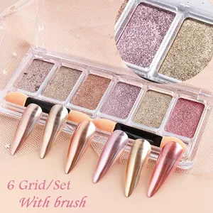 6-grid solid mirror nail powder palette with metallic finish swatches and brush