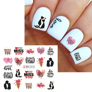 Valentine's Day nail stickers BN-2016 with hearts, cats, and romantic letter patterns
