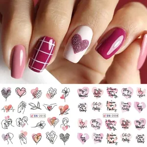 Detail showing Valentine minimalist heart and line art nail water slider stickers