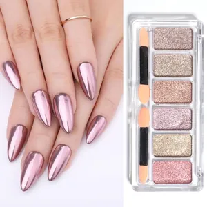 Solid 6-color metallic nail mirror powder palette with chrome finish and sponge applicators