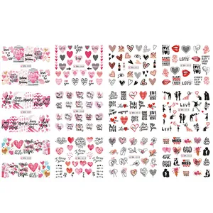12 styles of Valentine nail art stickers with hearts, lips, and romantic letters patterns