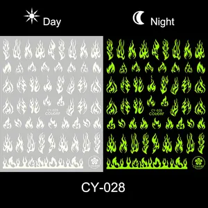 Glow in the dark flame nail stickers CY-028 showing day white and night green effects
